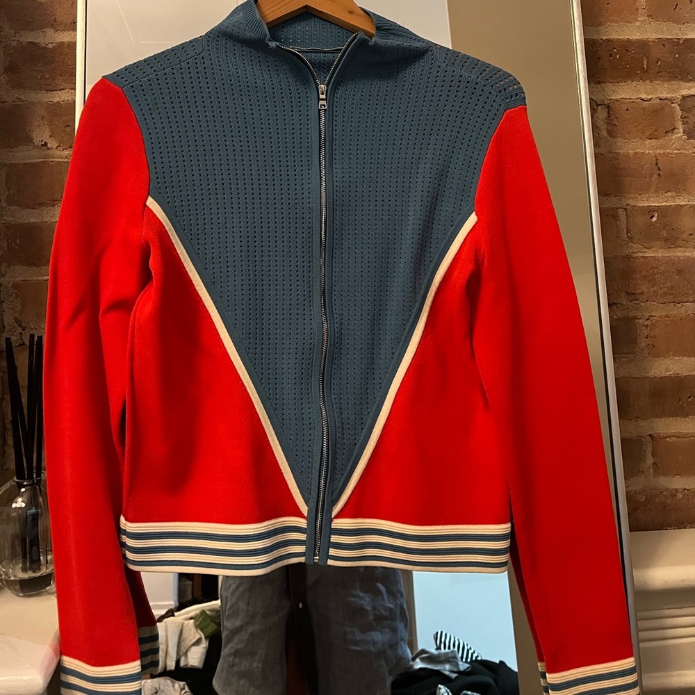 Sándro Paris ‘Aidan’ Red/Blue Perforated Zip Up Sweater - Picture 5 of 5
